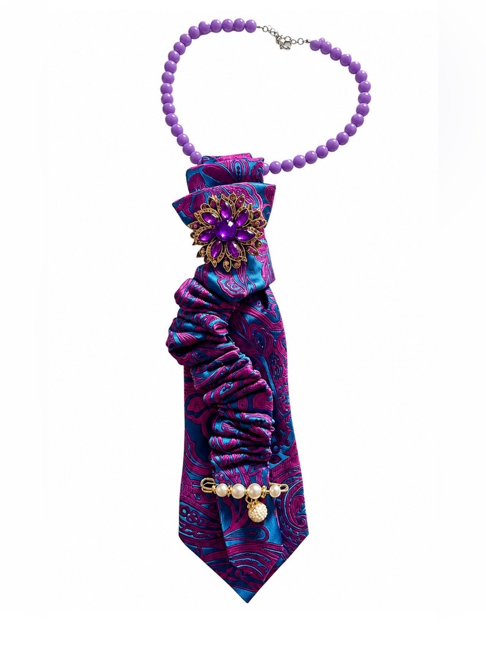 Unique fashion accessory, paisley necktie necklace, purple brooch lavender beads
